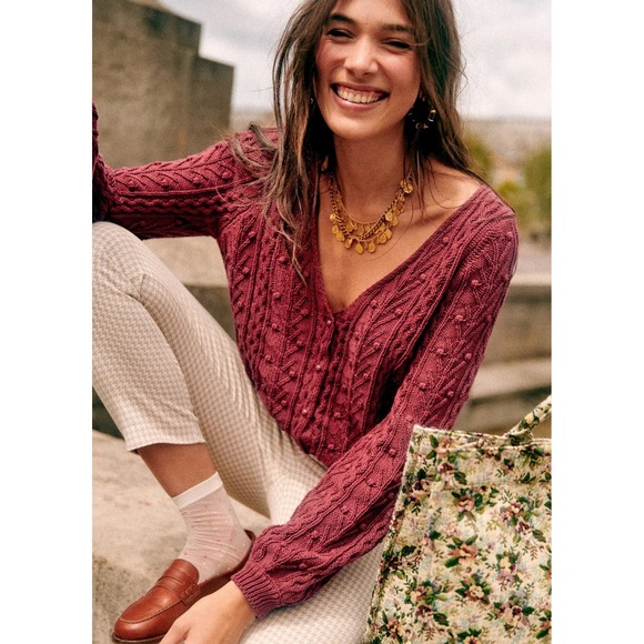 Sezane Sweaters - Sezane Beryl Pointelle Bobble Knit V-Neck Cardigan Sweater Parisian Romantic SM